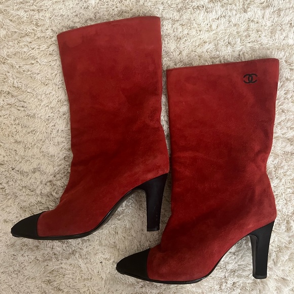 Chanel Gabrielle Boots Red Suede Coco Chanel Booties Size 7 - Picture 2 of 9